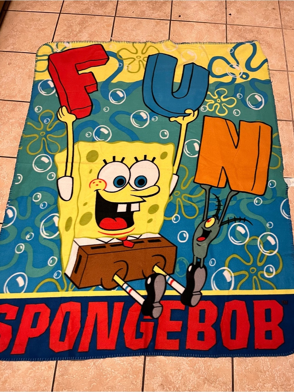 2006 Vintage Spongebob/Plankton "FUN" Blanket 5' x 7' Y2K Nickelodeon Nostalgia